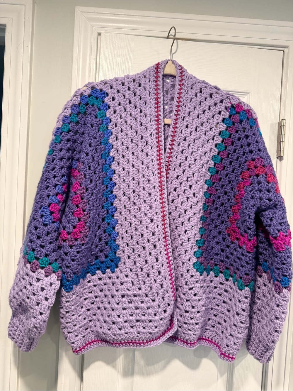 Handmade Crochet Granny Square One Size Cozy Cardigan Boho Chunky Knit Sweater